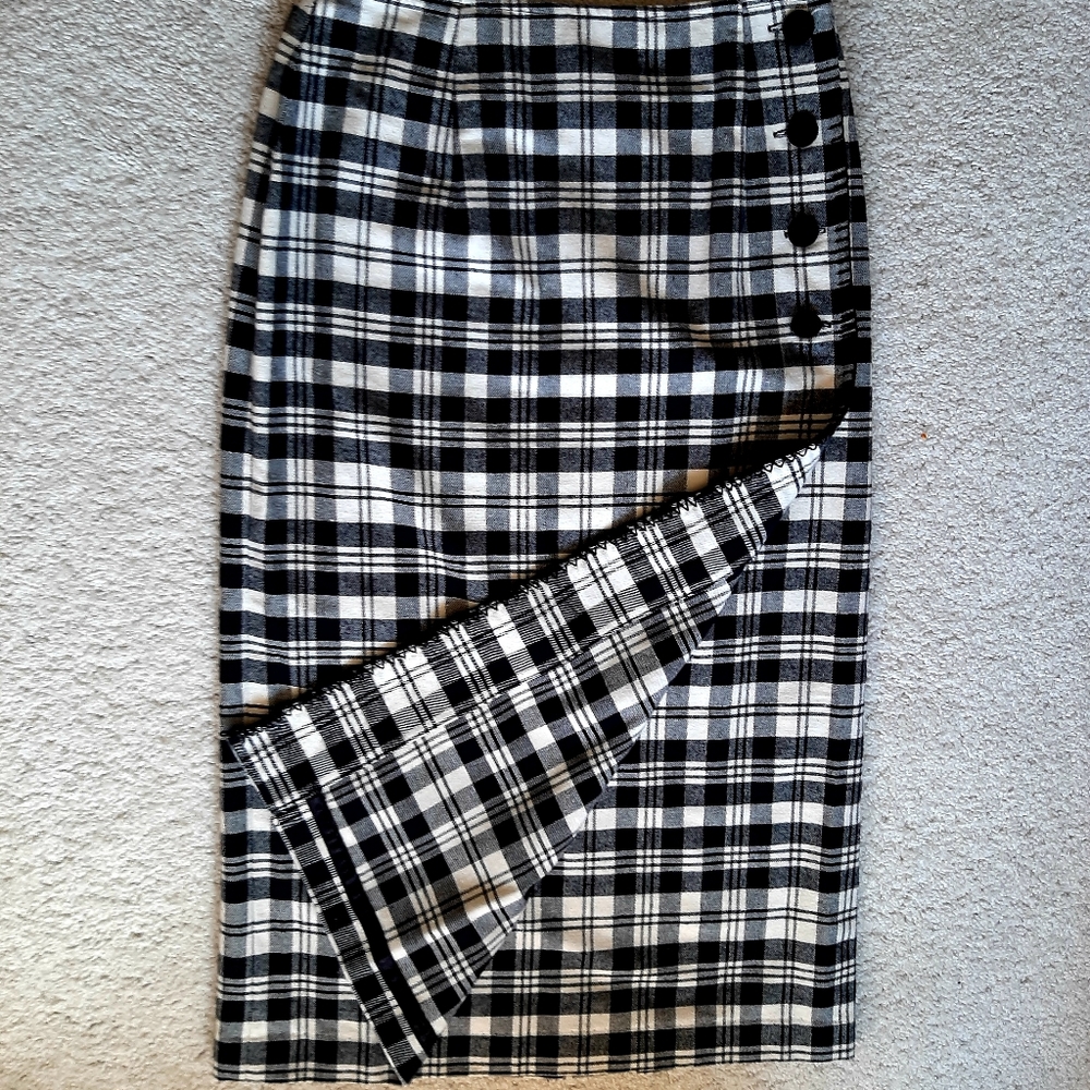 VTG Talbots Black White w Stitch Edge Wrap Midi Skirt